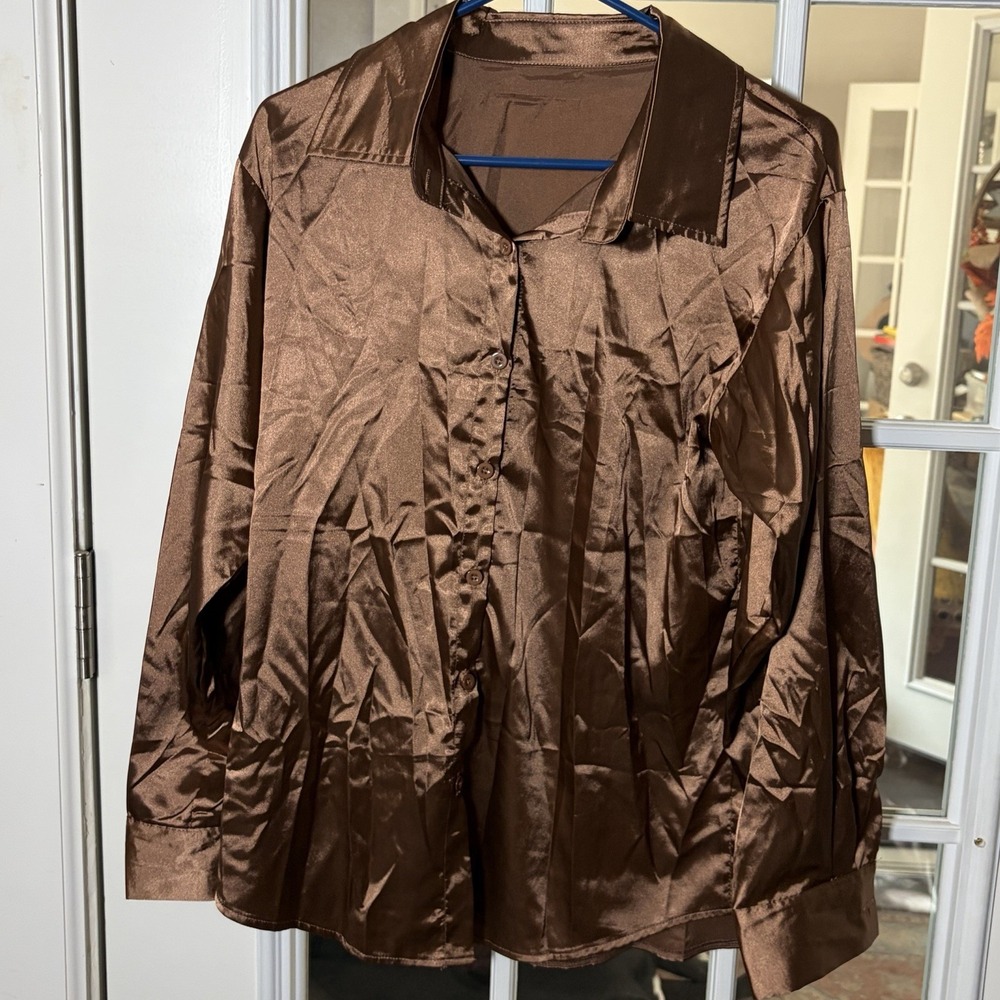Chocolate Brown Satin Button Down Blouse Size Large Minimalist Chic